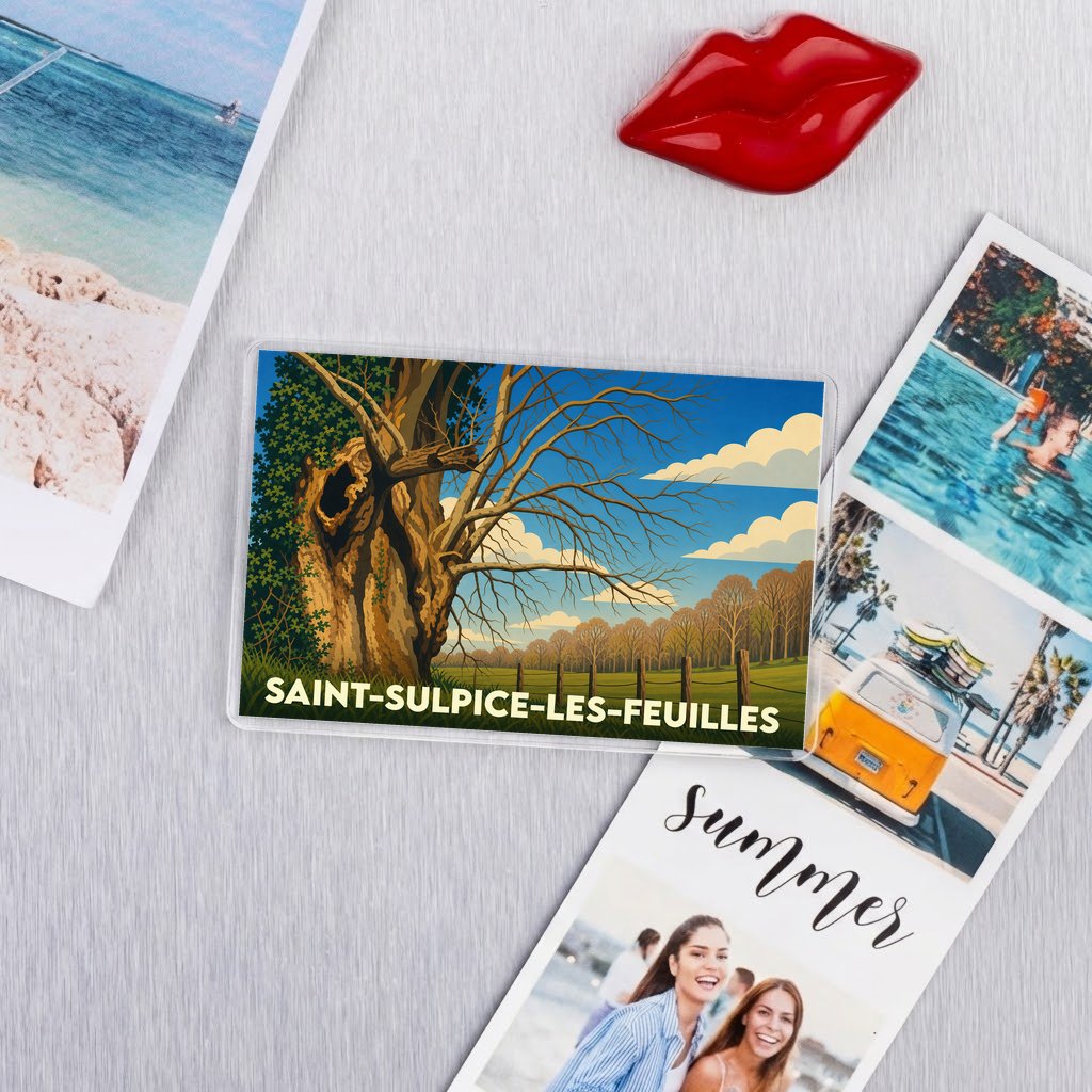 Magnet souvenir de Saint-Sulpice-les-Feuilles avec une illustration stylisée d'un vieil arbre majestueux dans la campagne.