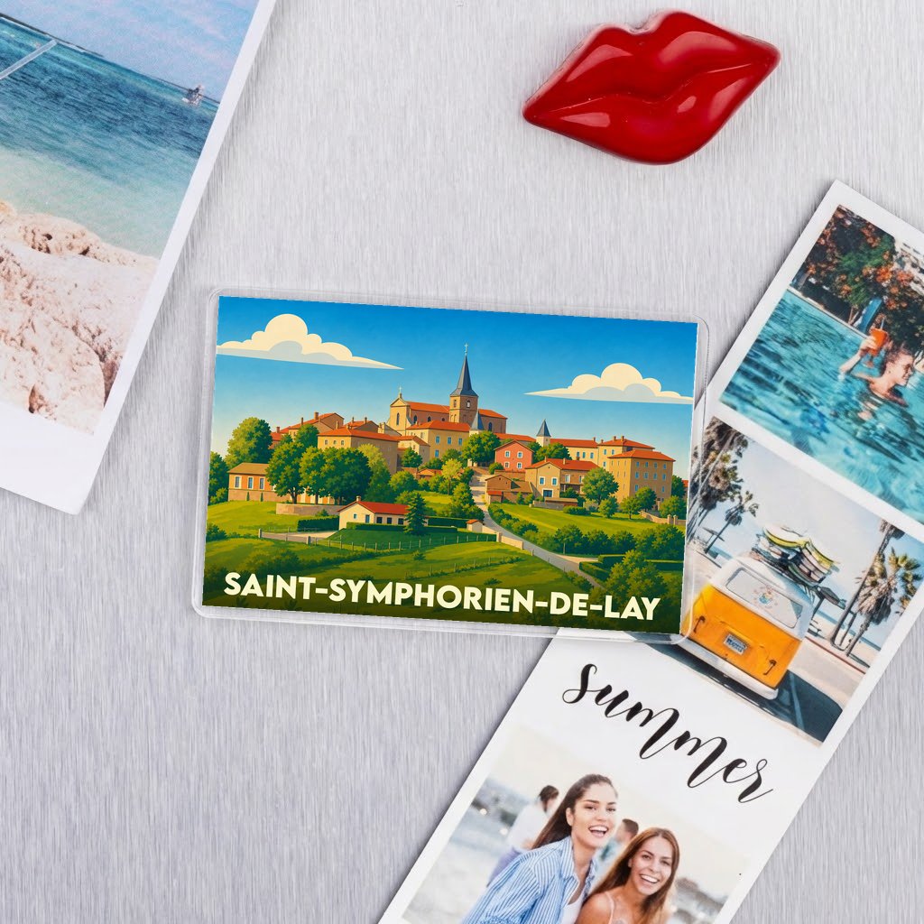 Magnet souvenir de la ville de Saint-Symphorien-de-Lay avec une illustration stylisée.