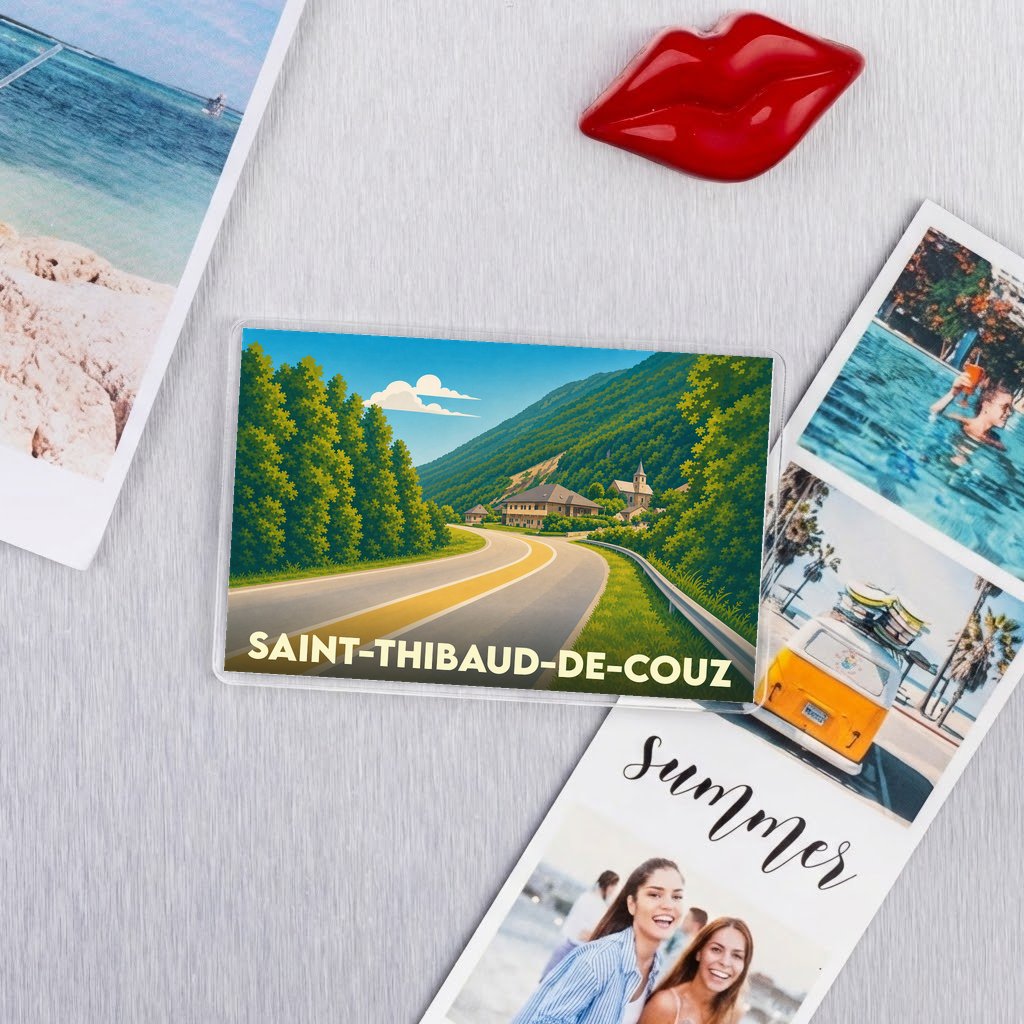 Magnet souvenir de la ville de Saint-Thibaud-de-Couz avec une illustration stylisée de son paysage montagneux.