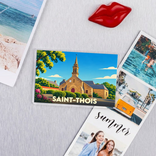 Magnet souvenir de la ville de Saint-Thois avec une illustration stylisée de son église.