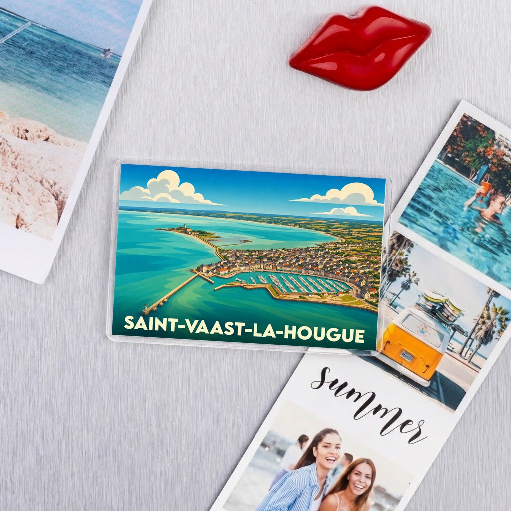 Magnet souvenir de la ville de Saint-Vaast-la-Hougue avec une illustration stylisée de son port et de sa côte.