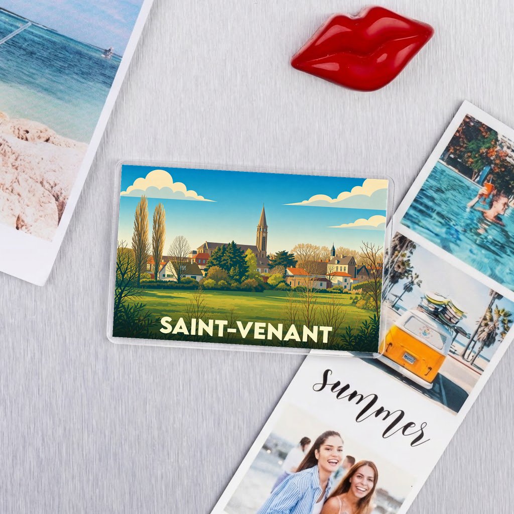 Magnet souvenir de la ville de Saint-Venant avec une illustration stylisée.