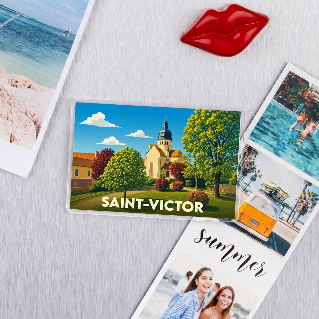 Magnet souvenir de la ville de Saint-Victor avec une illustration colorée de son église.