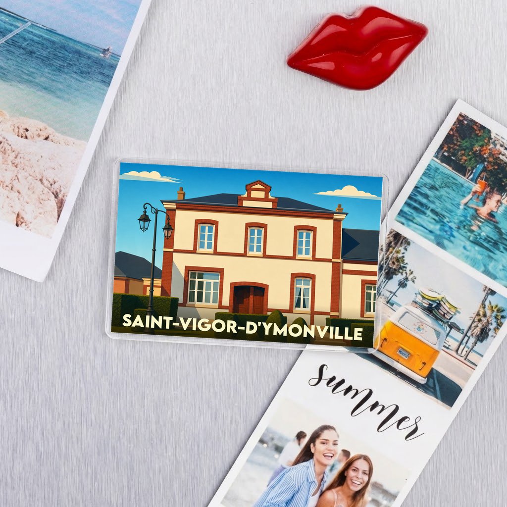 Magnet souvenir de la ville de Saint-Vigor-d'Ymonville avec une illustration stylisée de sa mairie.