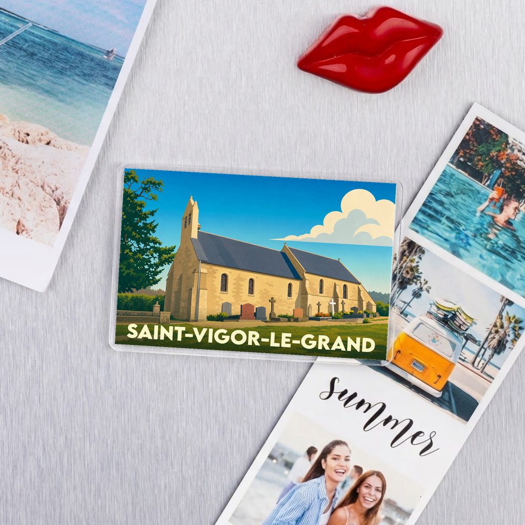 Magnet souvenir de la ville de Saint-Vigor-le-Grand avec une illustration stylisée de son église.
