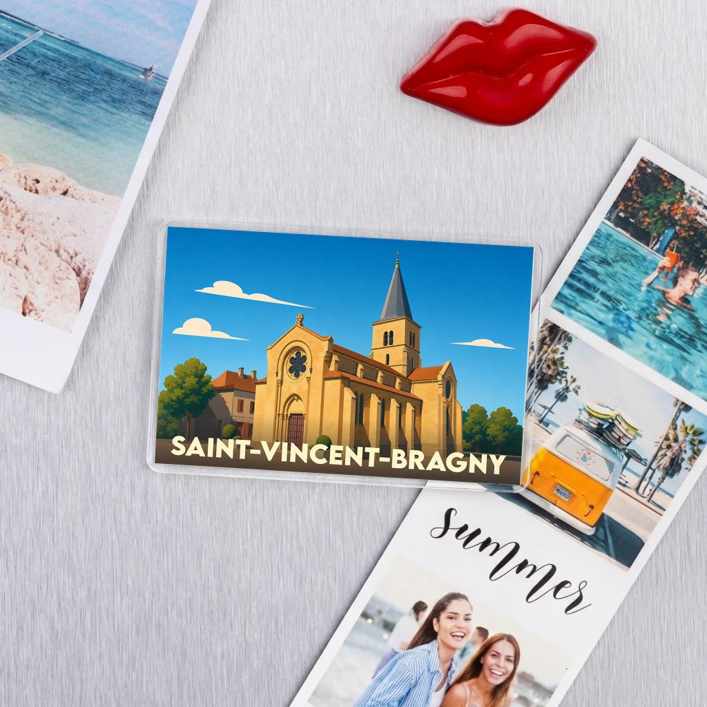 Magnet souvenir de la ville de Saint-Vincent-Bragny avec une illustration stylisée de son église.