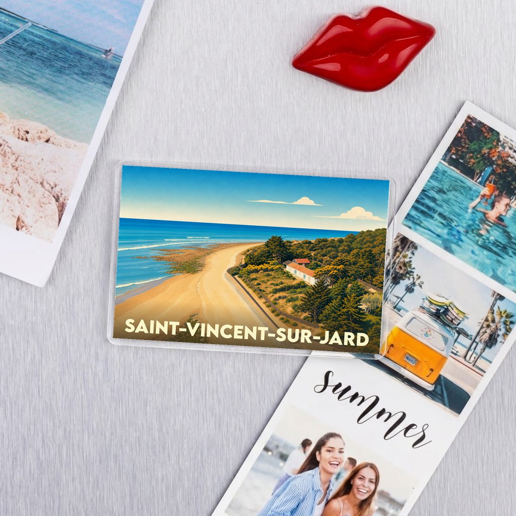 Magnet souvenir de Saint-Vincent-sur-Jard avec une illustration stylisée du bord de mer.