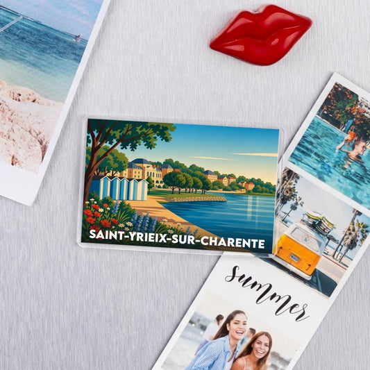 Magnet souvenir de la ville de Saint-Yrieix-sur-Charente avec une illustration stylisée du plan d'eau.