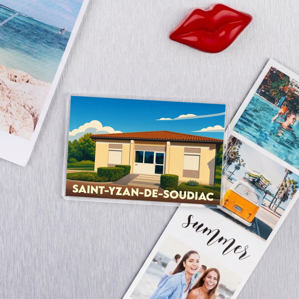 Magnet souvenir de la ville de Saint-Yzan-de-Soudiac avec une illustration stylisée d'un bâtiment local.