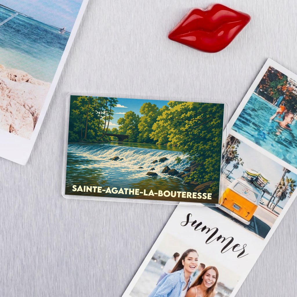 Magnet souvenir de la ville de Sainte-Agathe-la-Bouteresse avec une illustration stylisée de sa rivière.
