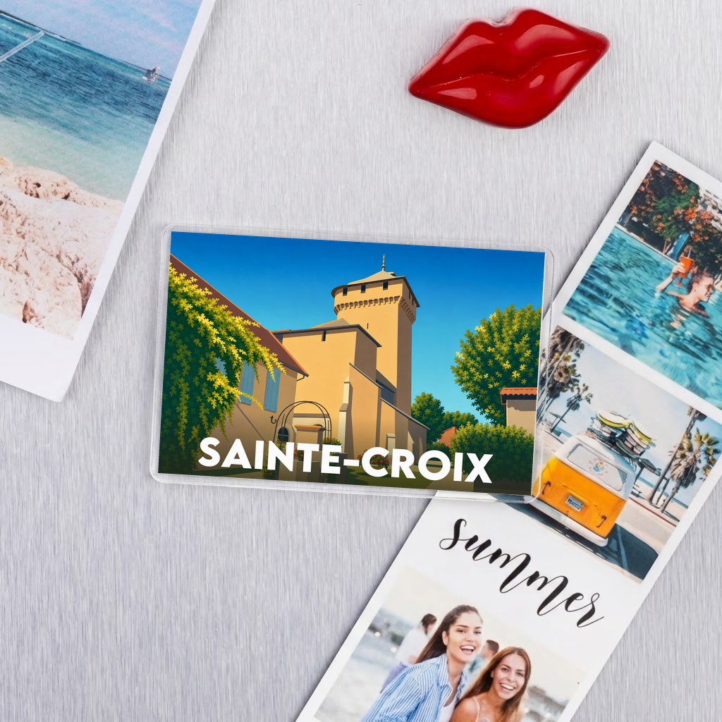 Magnet souvenir de la ville de Sainte-Croix avec une illustration stylisée.