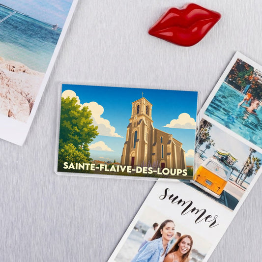 Magnet souvenir de la ville de Sainte-Flaive-des-Loups avec une illustration stylisée de son église.