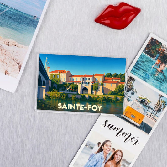 Magnet souvenir de la ville de Sainte-Foy avec une illustration stylisée.