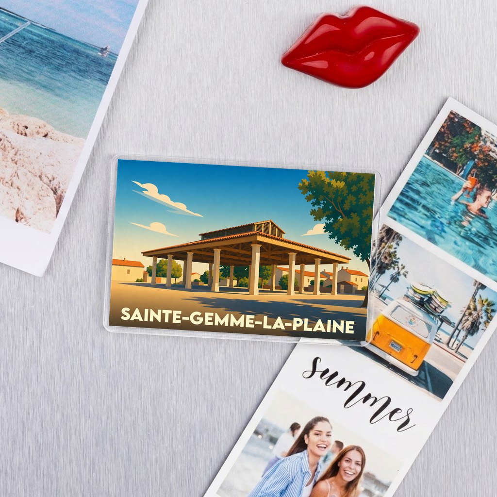 Magnet souvenir de la ville de Sainte-Gemme-la-Plaine avec une illustration stylisée de ses halles.