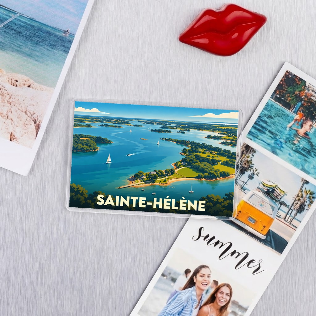 Magnet souvenir de l'île de Sainte-Hélène avec une illustration stylisée d'un paysage côtier breton.