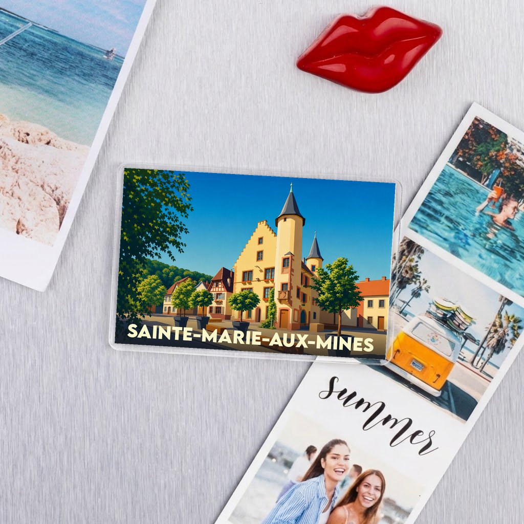 Magnet souvenir de la ville de Sainte-Marie-aux-Mines avec une illustration stylisée.