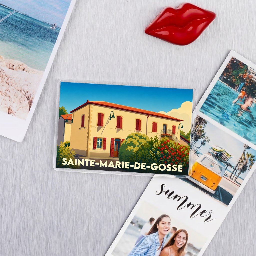 Magnet souvenir de la ville de Sainte-Marie-de-Gosse avec une illustration stylisée d'une maison landaise.