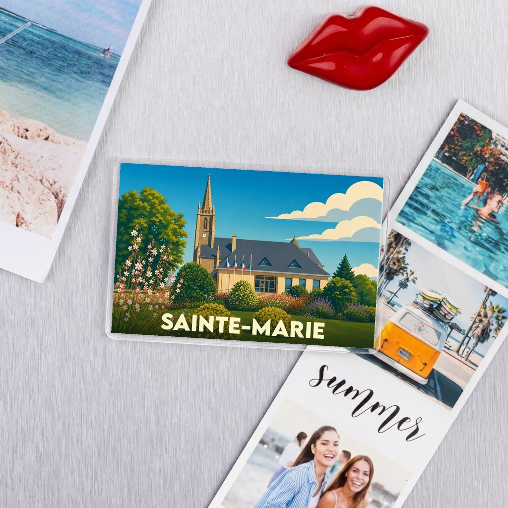Magnet souvenir de la ville de Sainte-Marie avec une illustration stylisée d'un bâtiment emblématique.