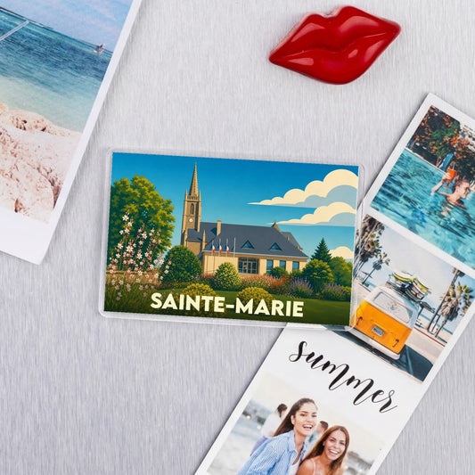 Magnet souvenir de la ville de Sainte-Marie avec une illustration stylisée d'un bâtiment emblématique.
