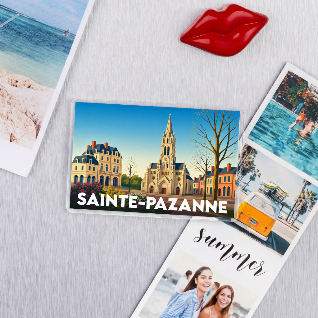 Magnet souvenir de la ville de Sainte-Pazanne avec une illustration stylisée de son église.