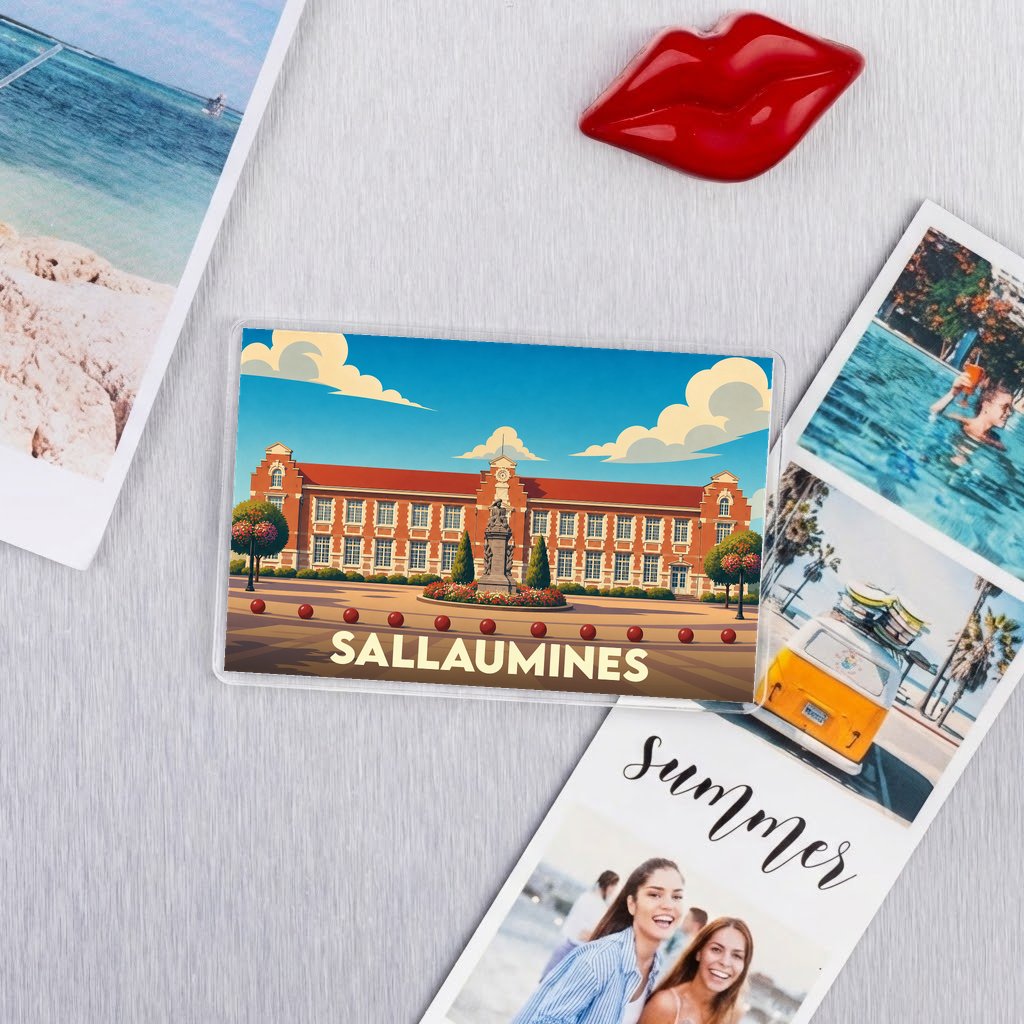 Magnet souvenir de la ville de Sallaumines avec une illustration stylisée de son hôtel de ville.