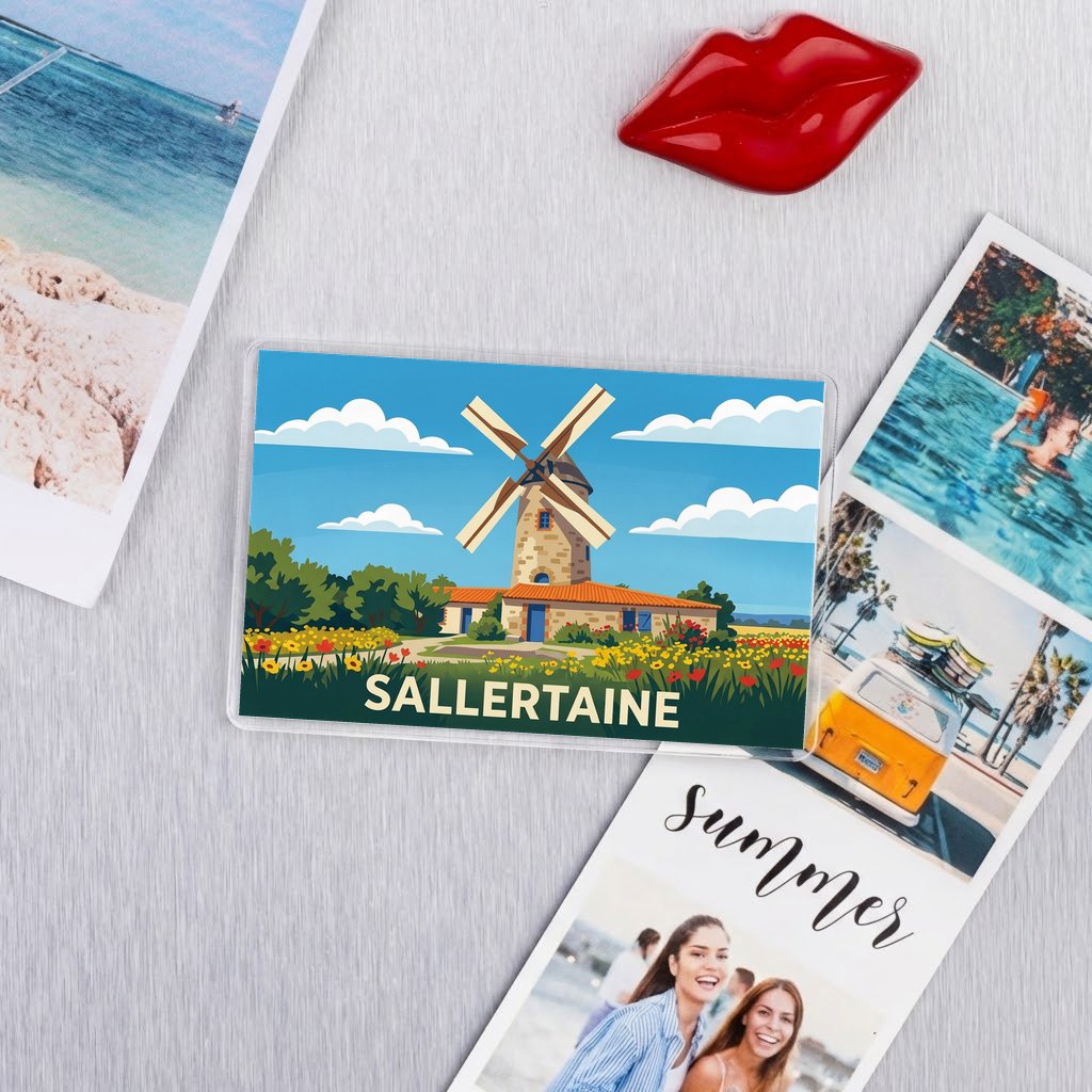 Magnet souvenir de la ville de Sallertaine avec une illustration stylisée d'un moulin.