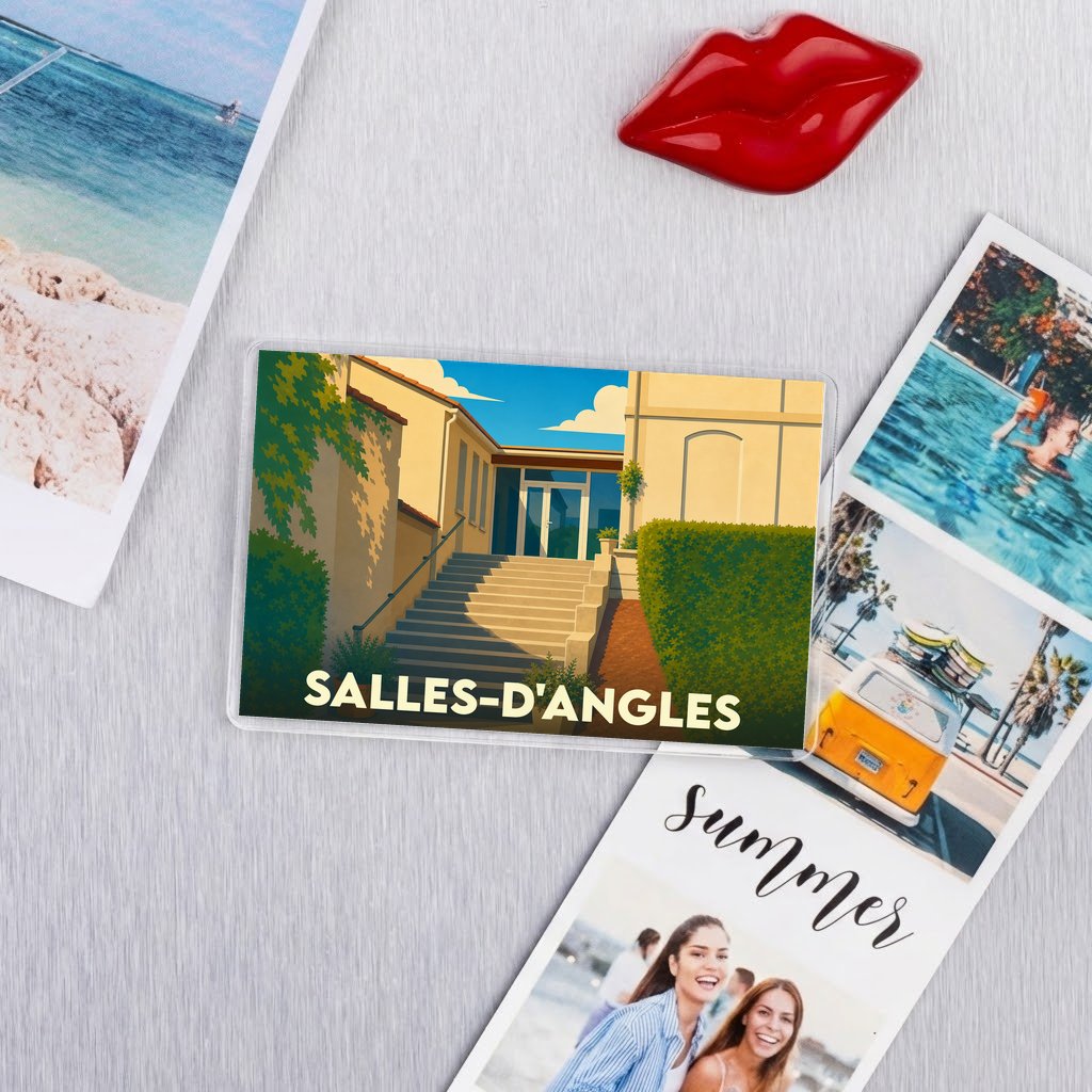 Magnet souvenir de la ville de Salles-d'Angles avec une illustration stylisée.