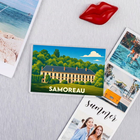 Magnet souvenir de la ville de Samoreau avec une illustration stylisée de son patrimoine.