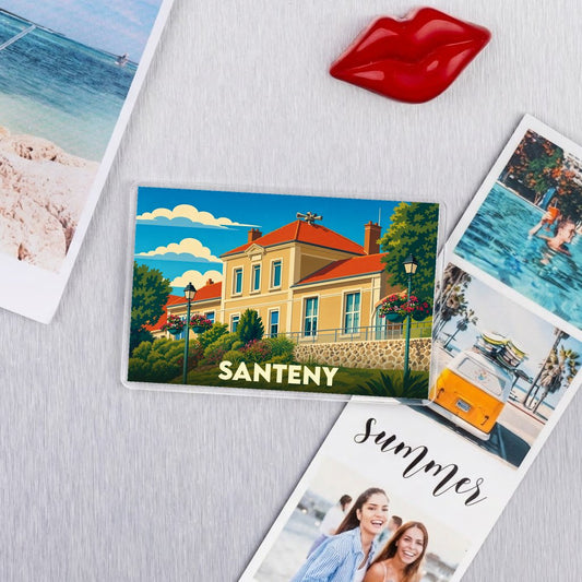 Magnet souvenir de la ville de Santeny avec une illustration stylisée de sa mairie.