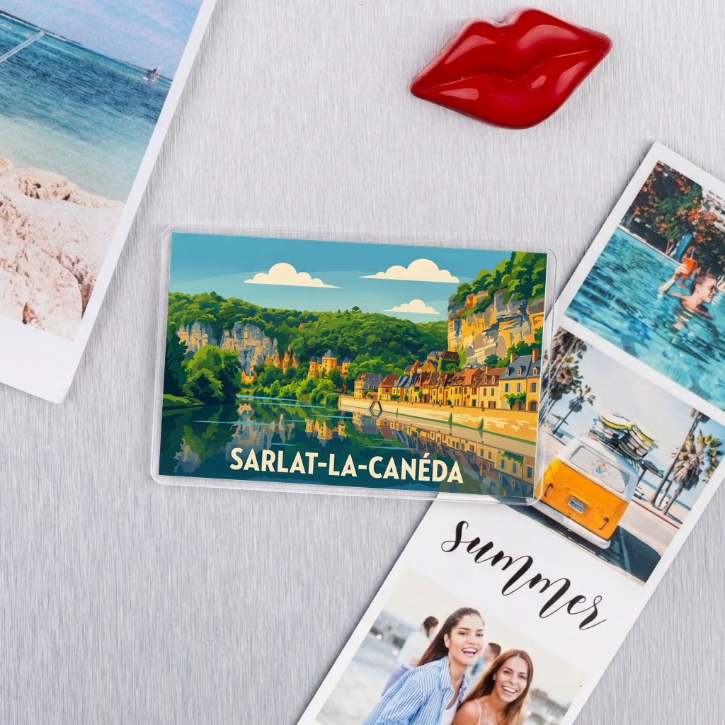 Magnet souvenir de la ville de Sarlat-la-Canéda avec une illustration stylisée.
