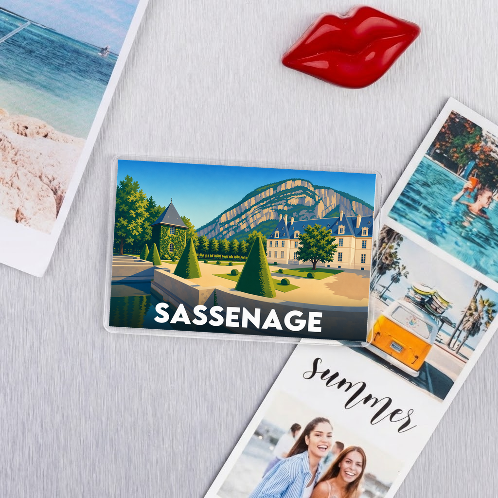 Magnet souvenir de la ville de Sassenage avec une illustration stylisée.