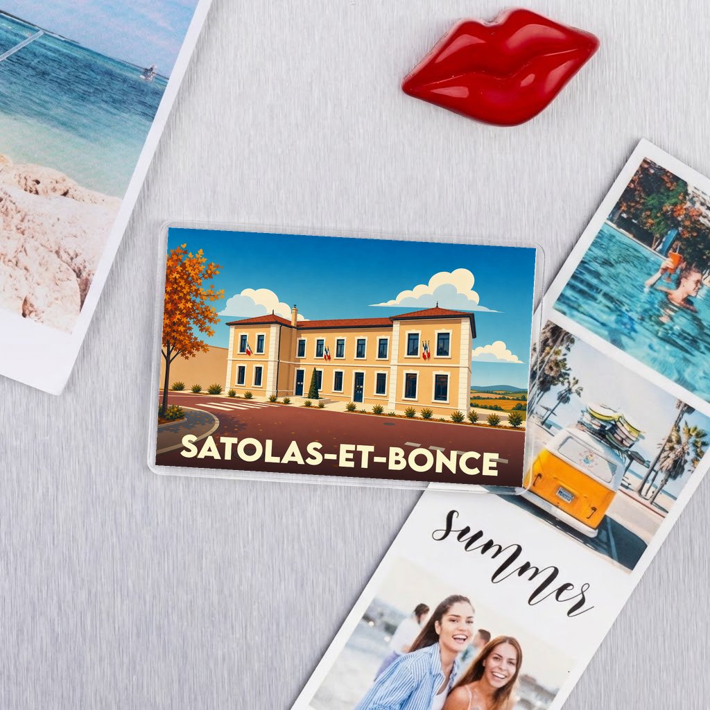 Magnet souvenir de la ville de Satolas-et-Bonce avec une illustration stylisée de sa mairie.
