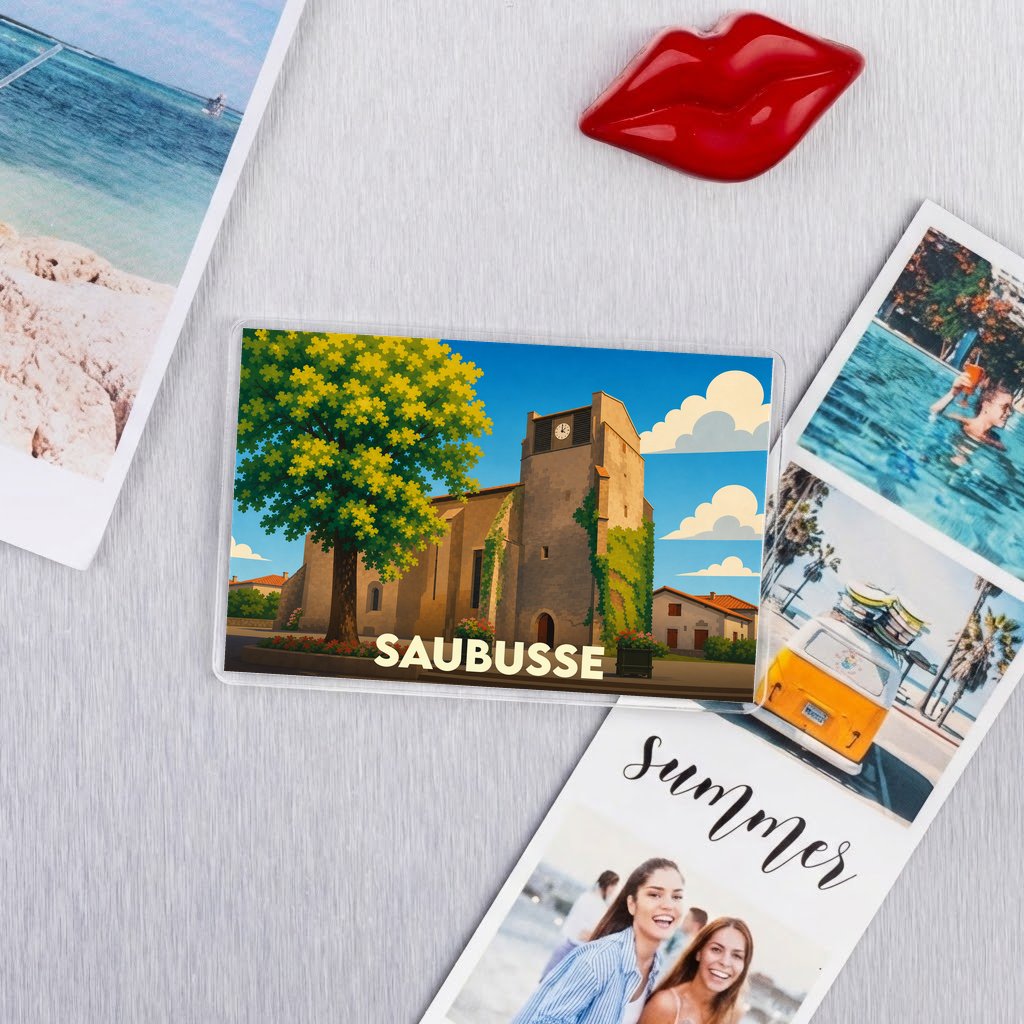 Magnet souvenir de la ville de Saubusse avec une illustration stylisée de son église.
