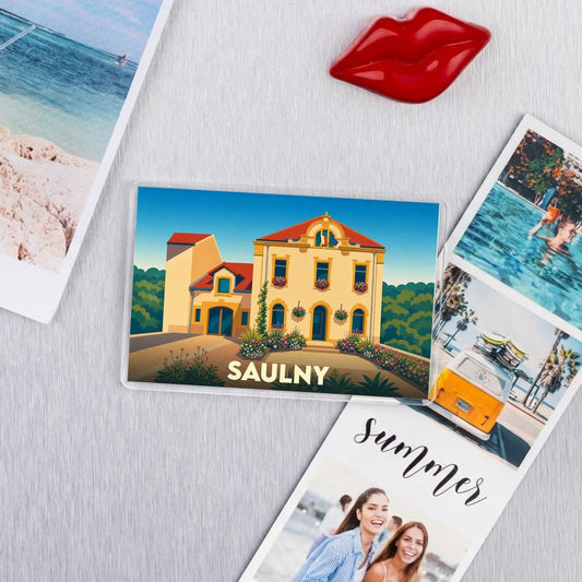 Magnet souvenir de la ville de Saulny avec une illustration colorée de la mairie.