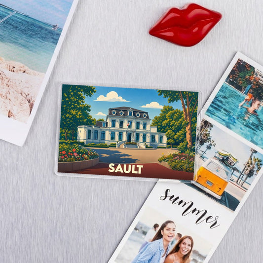 Magnet souvenir de la ville de Sault avec une illustration stylisée d'un bâtiment de type hôtel de ville.