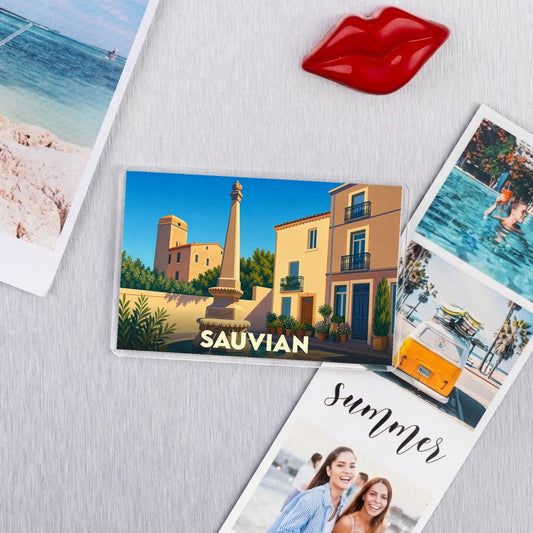 Magnet souvenir de la ville de Sauvian avec une illustration stylisée.