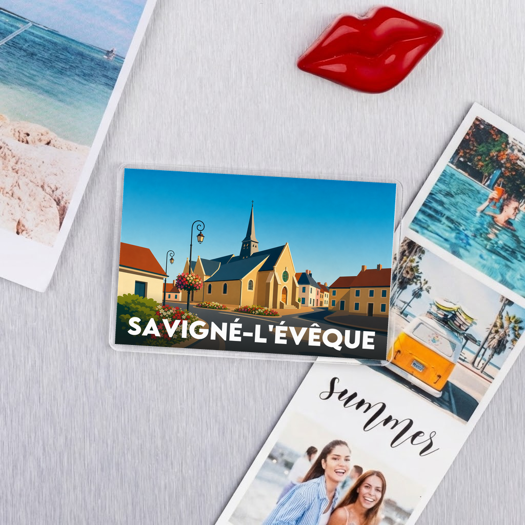 Magnet souvenir de la ville de Savigné-l'Évêque avec une illustration stylisée du village.