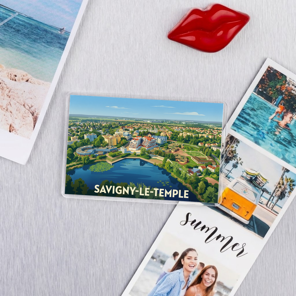 Magnet souvenir de la ville de Savigny-le-Temple avec une illustration stylisée.