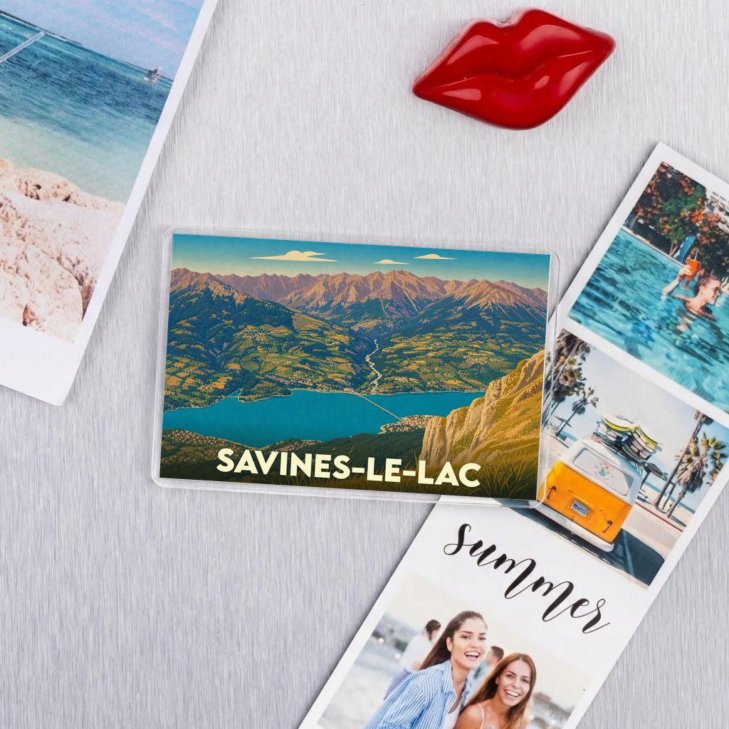 Magnet souvenir de la ville de Savines-le-Lac avec une illustration stylisée des montagnes et du lac.