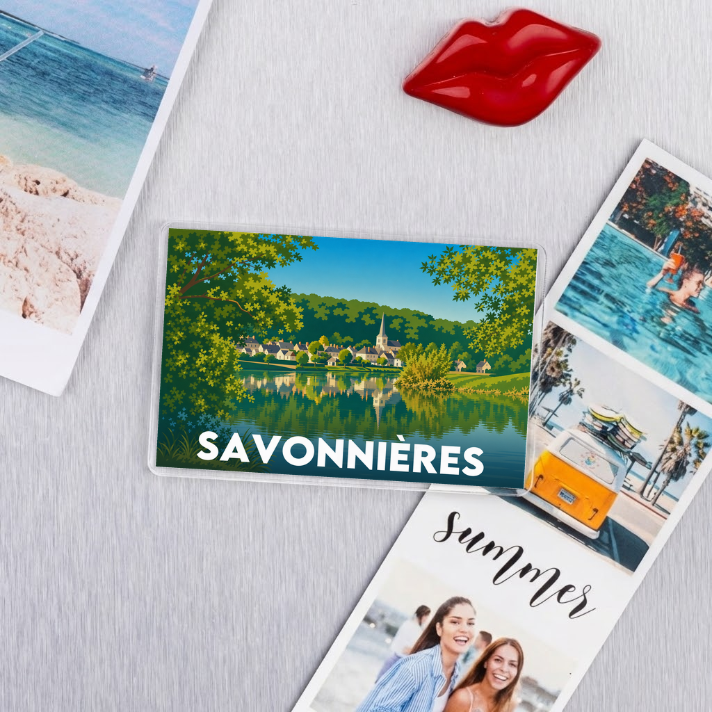 Magnet souvenir de la ville de Savonnières avec une illustration stylisée.