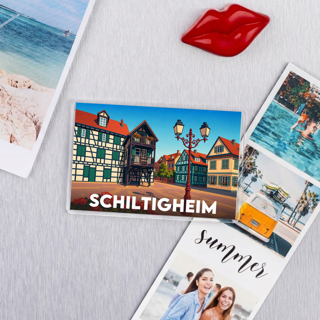 Magnet souvenir de la ville de Schiltigheim avec une illustration stylisée de maisons à colombages.
