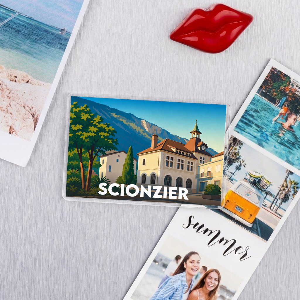 Magnet souvenir de la ville de Scionzier avec une illustration stylisée.
