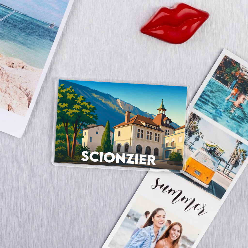 Magnet souvenir de la ville de Scionzier avec une illustration stylisée.
