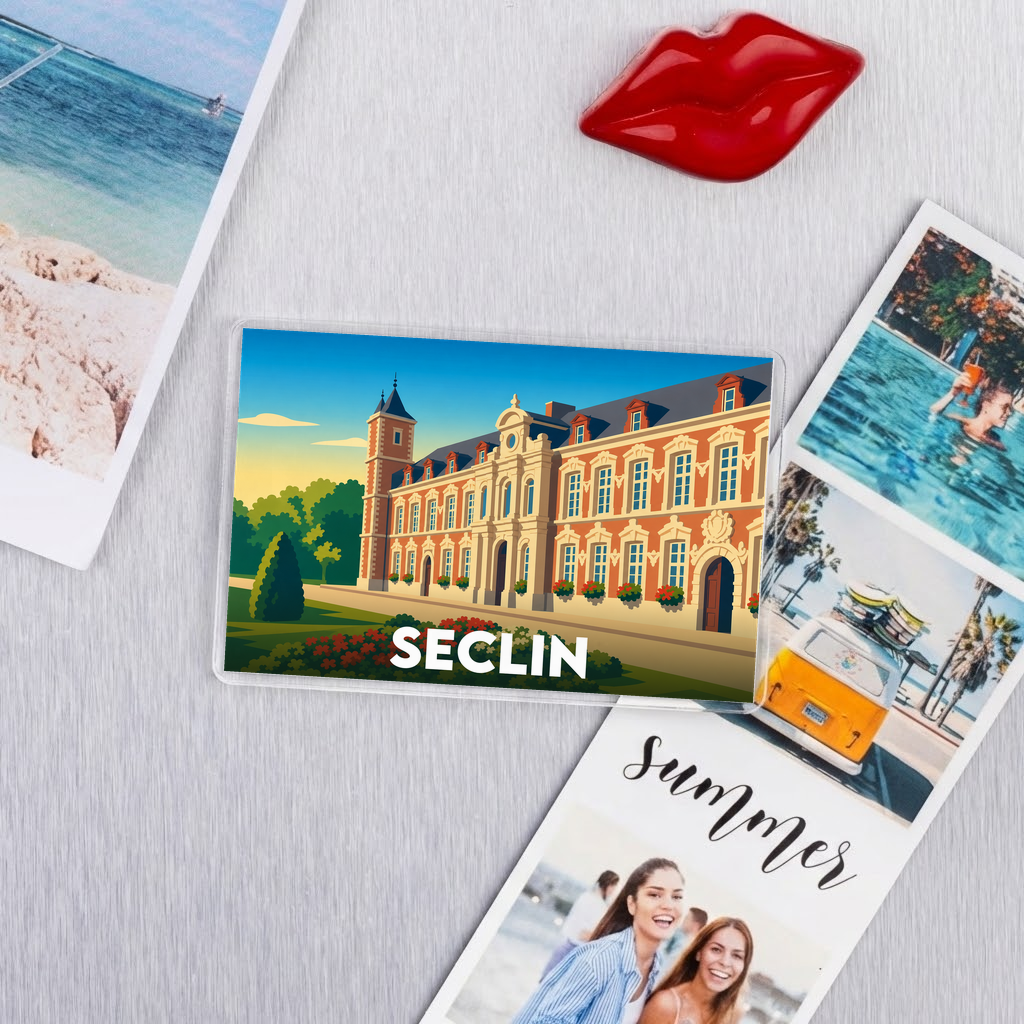 Magnet souvenir de la ville de Seclin avec une illustration stylisée.