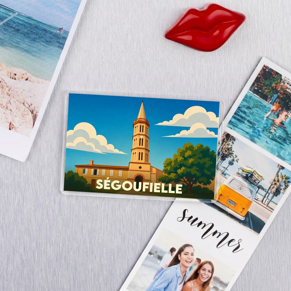 Magnet souvenir de la ville de Ségoufielle avec une illustration stylisée d'un clocher.