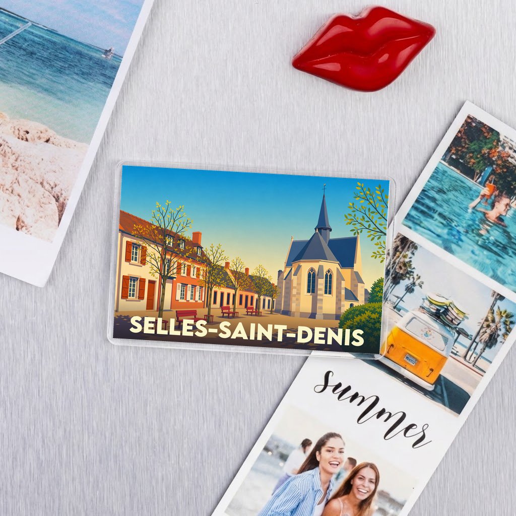 Magnet souvenir de la ville de Selles-Saint-Denis avec une illustration stylisée.