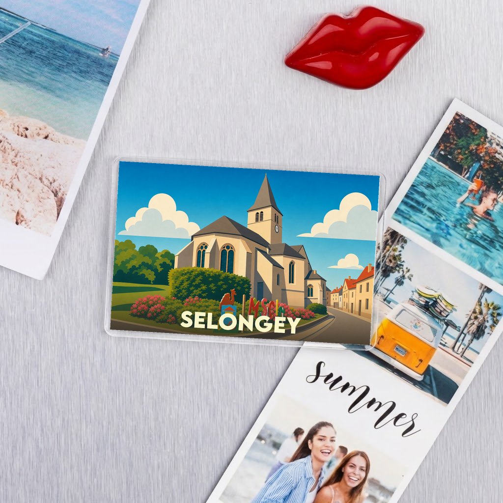 Magnet souvenir de la ville de Selongey avec une illustration stylisée de son église.