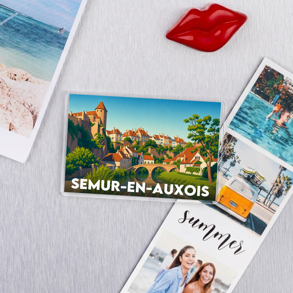 Magnet souvenir de la ville de Semur-en-Auxois avec une illustration stylisée.