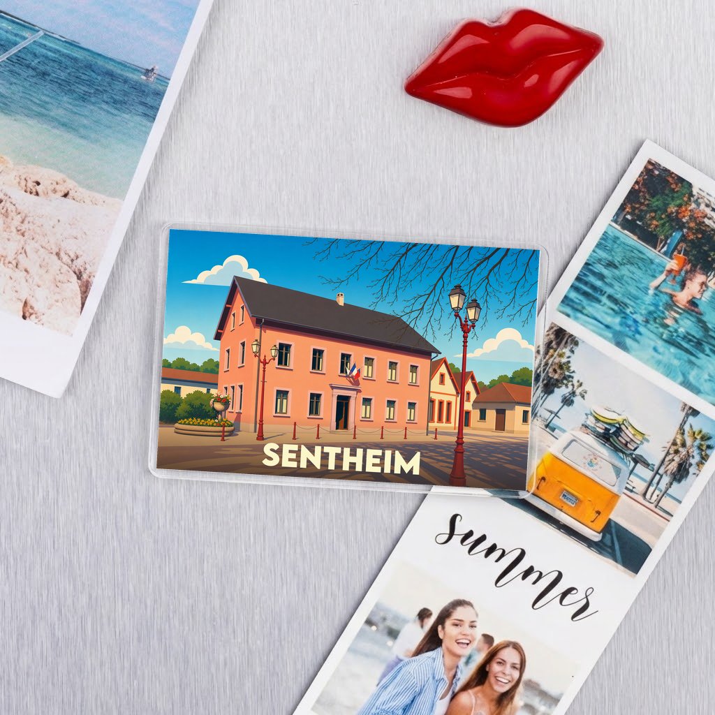 Magnet souvenir de la ville de Sentheim avec une illustration stylisée de sa mairie.
