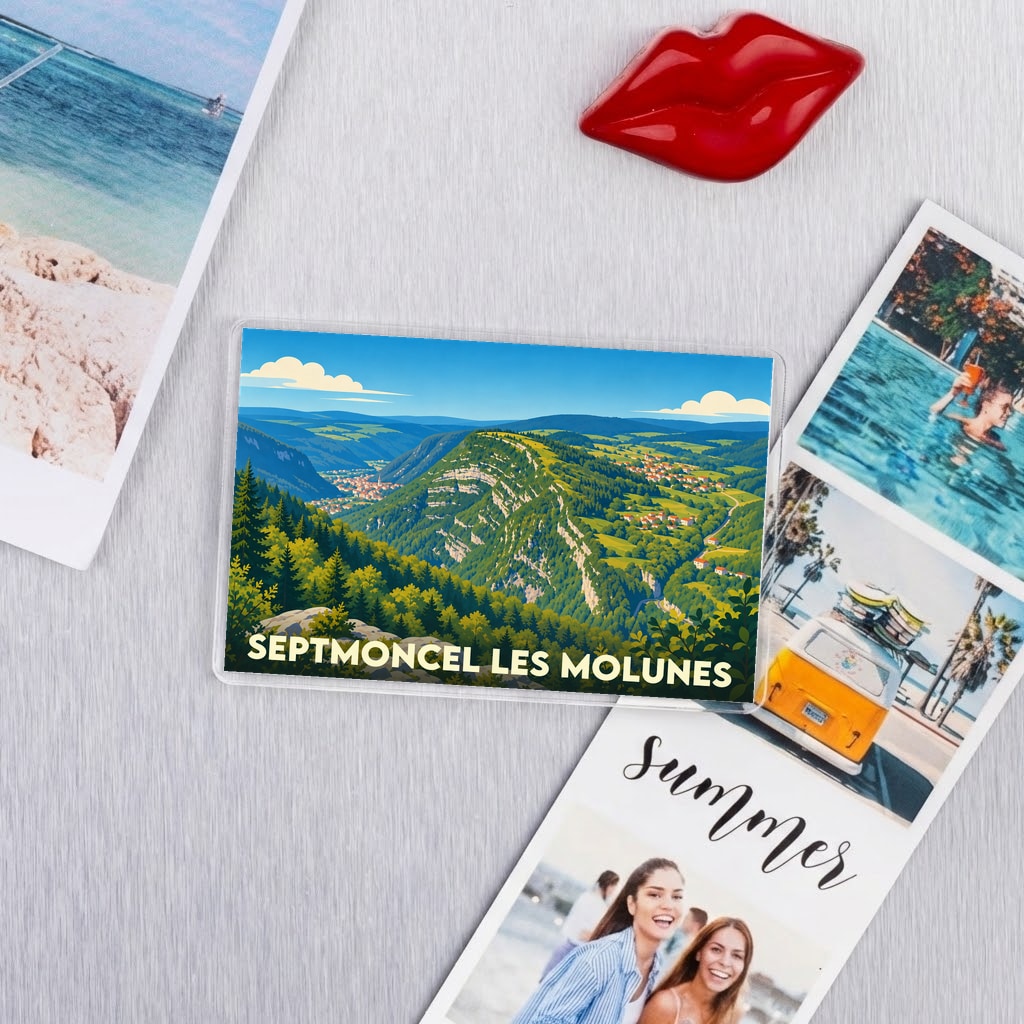 Magnet souvenir de Septmoncel les Molunes avec une illustration stylisée de ses paysages montagneux.